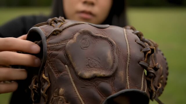Close-up of a person holding a brown leather baseball glove with stitching details in a grassy field.
