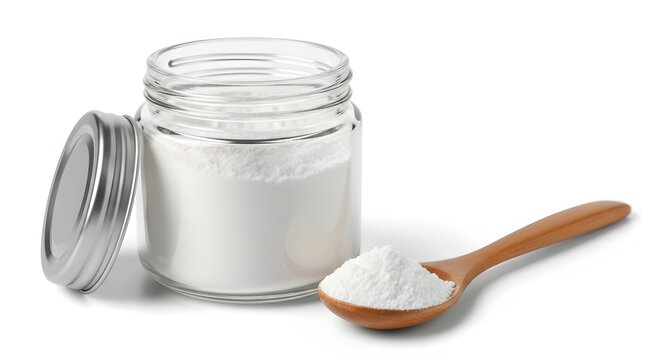 Baking soda in glass jar with wooden spoon on white background isolat