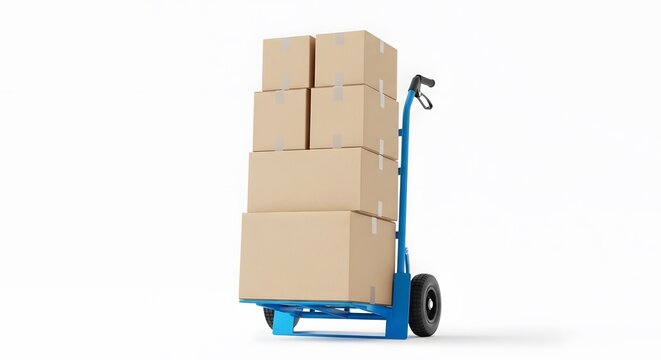 Blue hand truck with stacked cardboard boxes isolated on white backgr