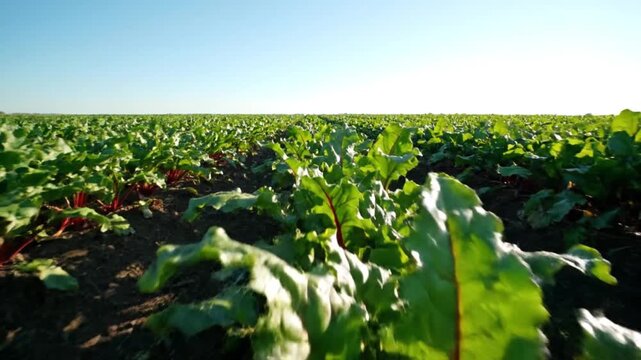 A dynamic low-angle perspective glides smoothly through expansive rows of vibrant green leafy plants, likely beetroots or Swiss chard, showcasing their lush foliage and distinct reddish stems. The sce