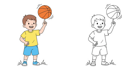 Cartoon Boy Spinning Basketball on Finger Vector Illustration Set, Includes Colored and Line Art Outline for Coloring Book, Youth Sports and Hobby Activity, Isolated on White Background