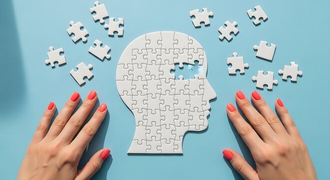 A creative puzzle piece representation of a human head with hands and brain teaser elements