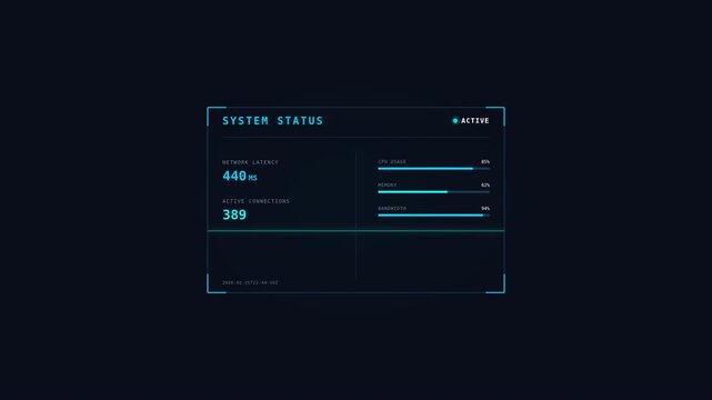 System status screen displaying metrics like latency and connection details