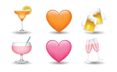 Icons set featuring colorful heart symbols and various drinks including cocktails beer mugs