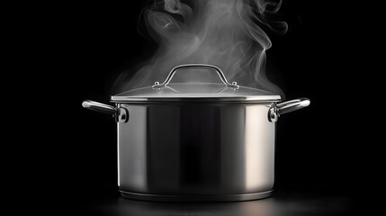 A stainless steel pot on a dark background, releasing steam. Ideal for culinary themes and cooking-related content.