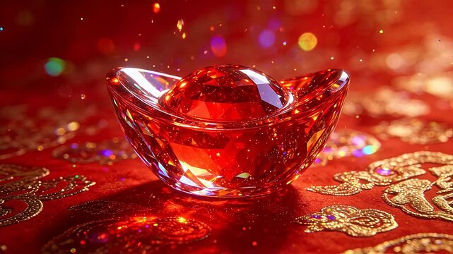 Red crystal ingot on ornate fabric