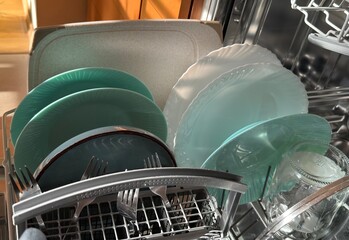 Dishwasher finished cycle, cleaned plates white blue, home real UGC shot, cutlery glasses mug cup kitchen sparkling 