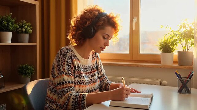 Woman Writing at Desk with Headphones