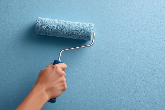Hand using paint roller to apply blue paint on wall during home renovation and interior improvement project