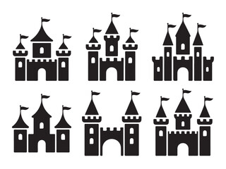 Obraz premium Various silhouette icons depicting medieval European style fairytale castles fortresses and royal palaces in rows
