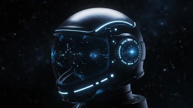 A mesmerizing close-up of a sleek, dark futuristic helmet, illuminated with vibrant blue glowing lines and intricate digital interfaces. The visor reveals a dynamic network of glowing points, reminisc