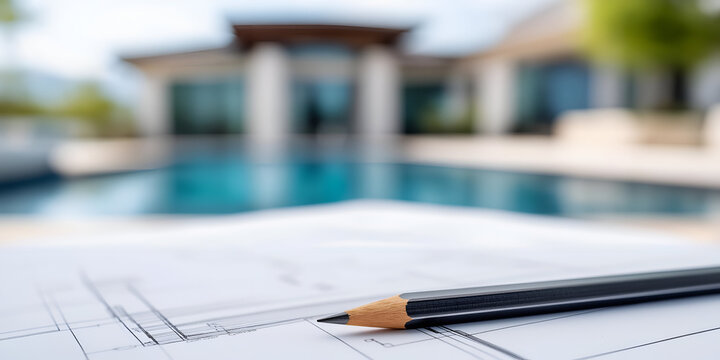 Architectural plans and a pencil in focus, with a luxurious home near a swimming pool in the background, showcasing design and elegance.