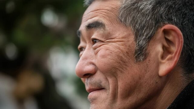 Close-up profile of an elderly East Asian man with weathered skin and graying hair