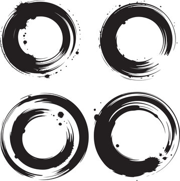 Ink circle set, vector black ring spot abstract geometric cup splash print liquid brushstroke design. Creative round stains, messy brushstroke frame, dirty splatter icon. Ink circle texture collection