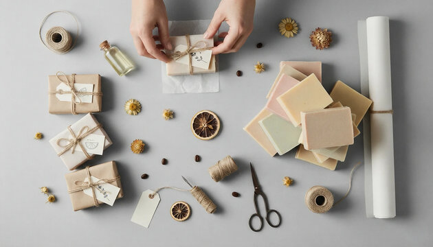 the process of packing handmade soap by hand in eco-friendly packaging top view. Handmade soap. Natural herbal soap bars. making soap by hand. scented soap with essential oils. 