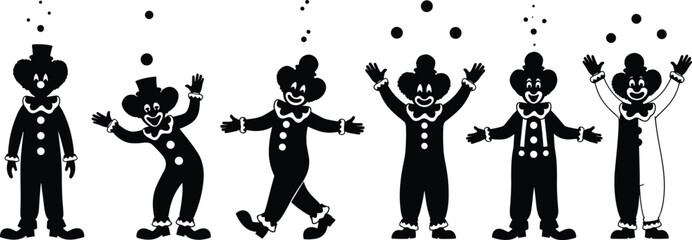 Clown silhouettes juggling balls in different poses, circus performer characters isolated on white background vector illustration © MDALRAFIN
