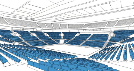 Fototapeta premium An empty stadium with tiered blue seating and a white court
