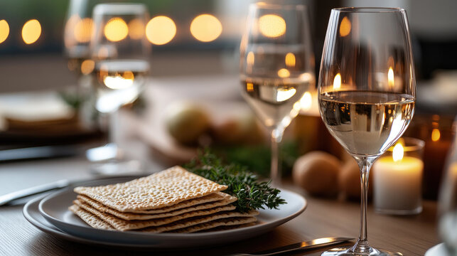 Passover Seder table presenting a stack of matzah, glasses filled with red wine, and a burning candle, symbolizing the sacred Jewish holiday, tradition, and spiritual gathering