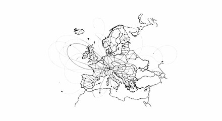 Abstract network connections across a European map with dotted lines
