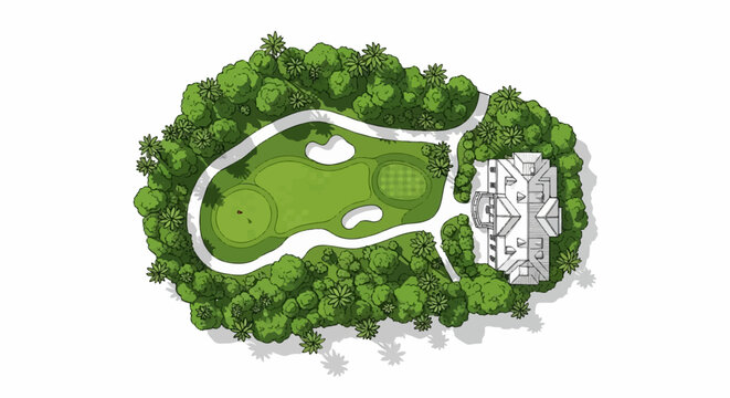 Aerial view of a golf course with a large building and surrounding trees