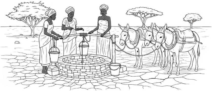 African women draw water from a well with donkeys waiting