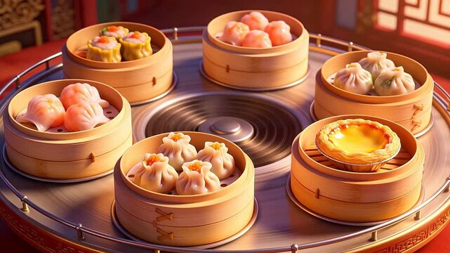 Dim sum dishes on a rotating tray