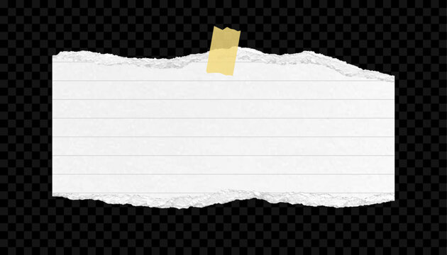 Torn textured notebook paper fragment with tape. Note template torn from lined paper with ripped edges. Isolated on transparent background. Vector.