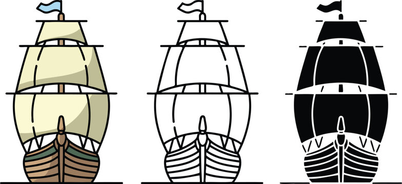 Traditional sailing ship silhouette & Outline and illustration set isolated on transparent background