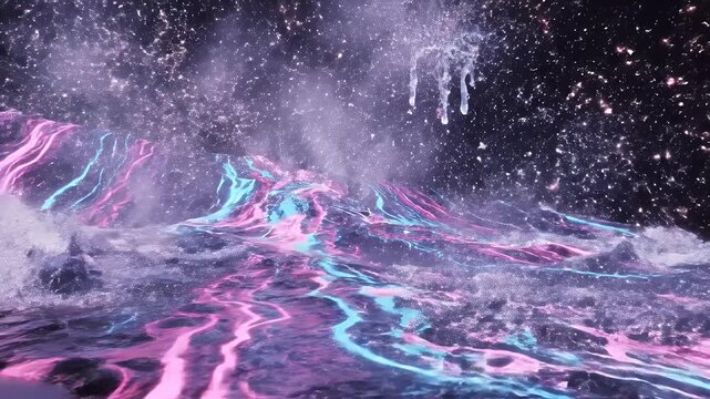 Vibrant Neon Liquid Wave Eruption - Dynamic Abstract Particle Splash and Energetic Flow on Dark Background.