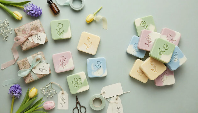 Handmade soap. Natural herbal soap bars. floral soap. handmade soap making. scented soap with essential oils. top view of body care products. soap packaging.