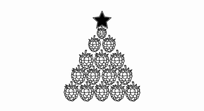 A stylized Christmas tree formed from stacked raspberries and topped with a star