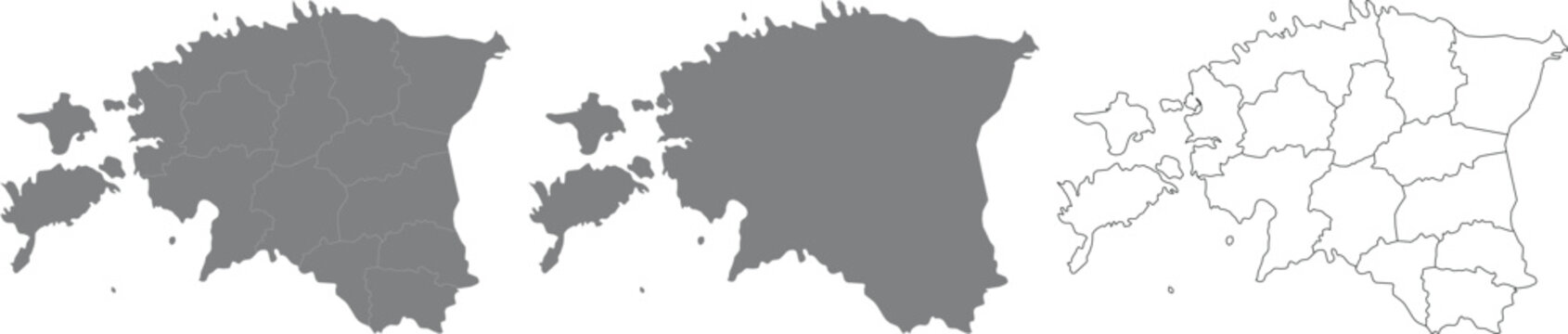 Estonia Administrative Map Set with Regions, Solid Silhouette and Outline Map