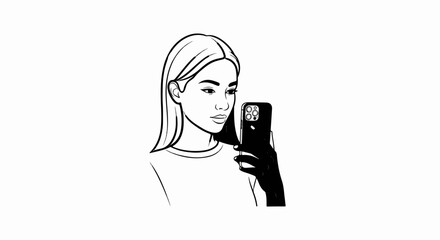 A stylized black and white sketch of a young woman taking a selfie with her phone