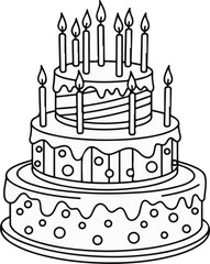 A three-tiered cake with multiple lit candles on top and decorative circles