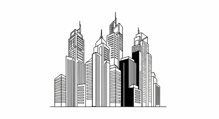 Fototapeta premium A stylized black and white illustration of a dense city skyline with tall skyscrapers