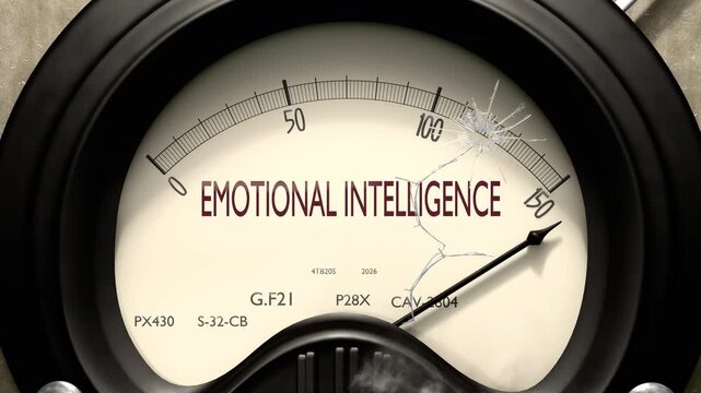 Emotional intelligence meter showing big levels of emotional intelligence. Dangerously increasing high values of emotional intelligence, critical overload. Too much, off the charts.