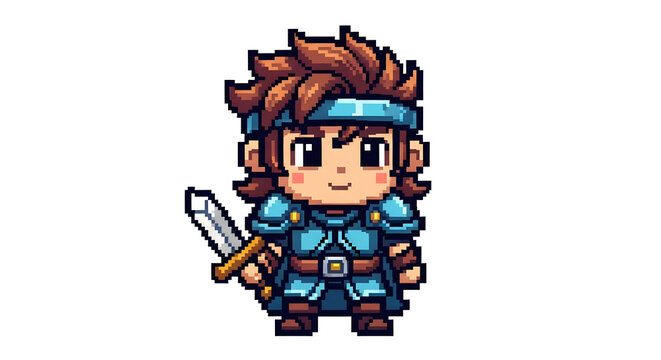 Detailed pixel art illustration of a cute chibi warrior character with brown hair, blue headband, and armor, holding a sword, in a retro video game style.