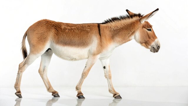 Photorealistic studio portrait of an Onager (Equus hemionus) or Asiatic Wild Ass standing isolated on a clean white background.