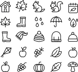 Autumn fall season icon set line vector collection featuring leaves, pumpkin, rain, animals, cozy weather lifestyle symbols