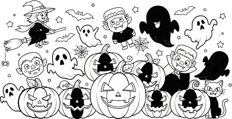 A whimsical black and white cartoon collage of Halloween creatures and symbols