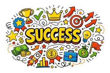 Fototapeta premium Colorful success icons featuring trophy, crown, target, and dollar signs
