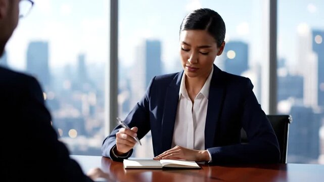 Focused Asian businesswoman leads a productive professional discussion or interview in a modern corporate office, reviewing notes attentively