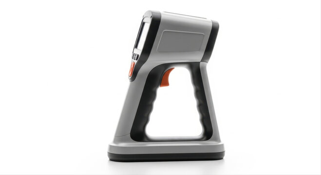Modern thermal detector with ergonomic grip isolated on white background, featuring sleek black and gray design with orange accents