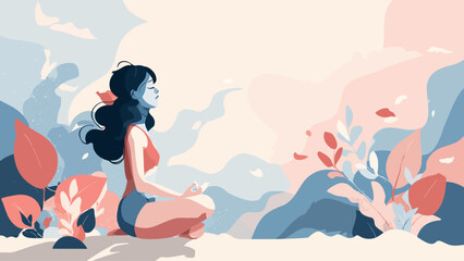 This flat design illustration portrays a woman meditating, symbolizing self-care, mental well-being, and inner peace for a balanced life