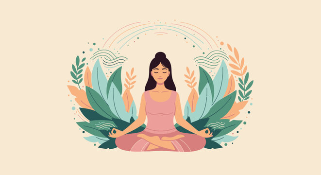 This flat design illustration portrays a woman meditating, symbolizing self-care, mental well-being, and inner peace for a balanced life