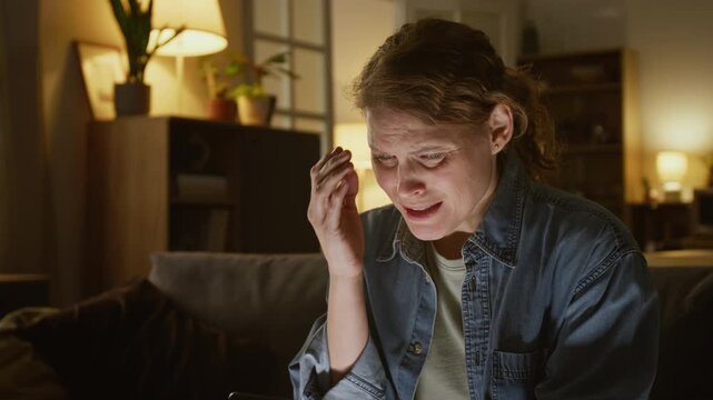 Zoom close-up with dramatic light of smiling woman sitting with smartphone on couch, receiving money transfer alerts from bank on smartphone, wailing in panic after losing savings to cyber scammers