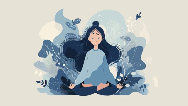 This flat design illustration portrays a woman meditating, symbolizing self-care, mental well-being, and inner peace for a balanced life