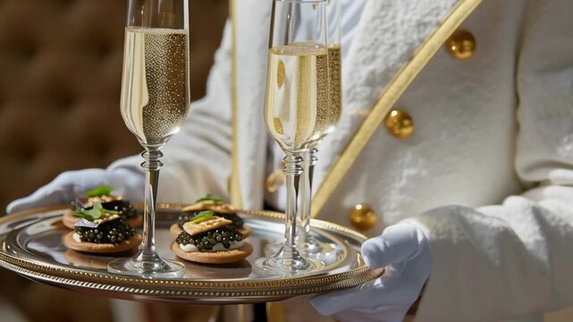 Luxury caviar appetizers served on silver tray by waiter with champagne glasses, elegant fine dining and celebration concept