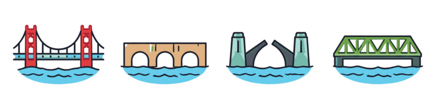 Collection of four distinct bridge types illustrated in a flat, colorful style over water