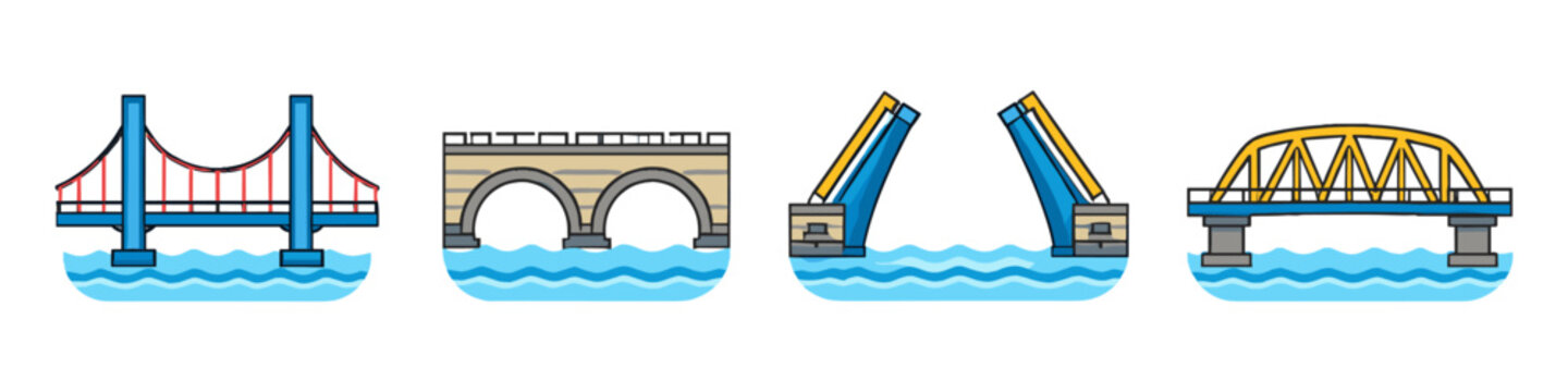 Collection of four distinct bridge types illustrated in a flat, modern cartoon style